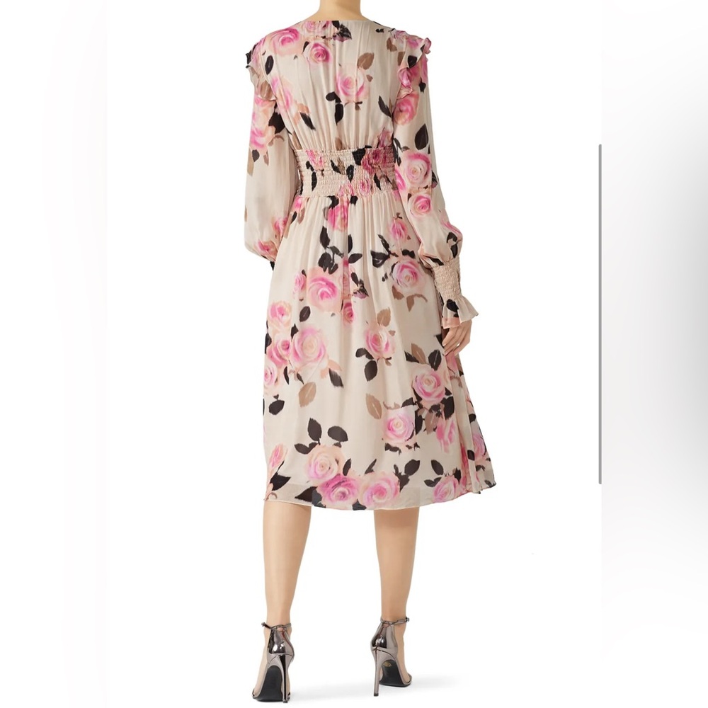 Pinko blooms smocked dress in pink roses ruffles flowy midi feminine Sz 2 - Picture 14 of 15